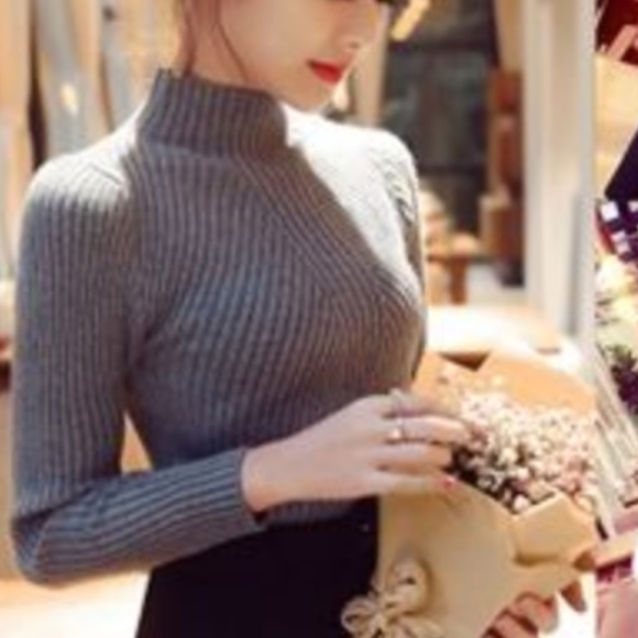Yesstyle Sweaters - Ribbed Mock Neck Gray Sweater